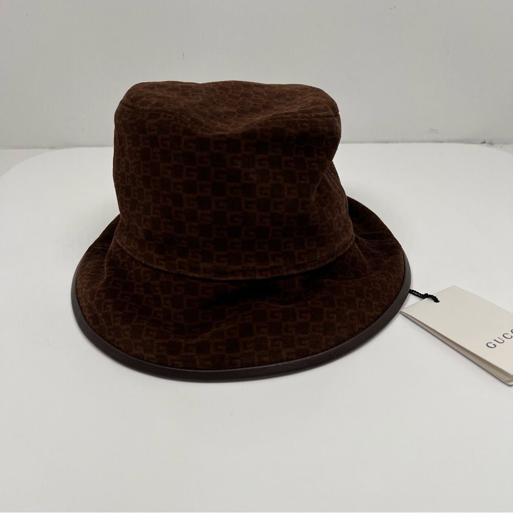 Gucci Bucket Hat Suede Leather Trim Brown GG Logo